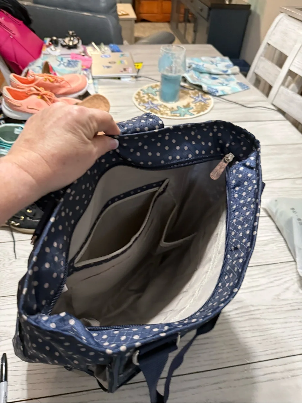 Thirty-One Navy Polka Dot Backpack/Tote Bag - Stylish Everyday Carry